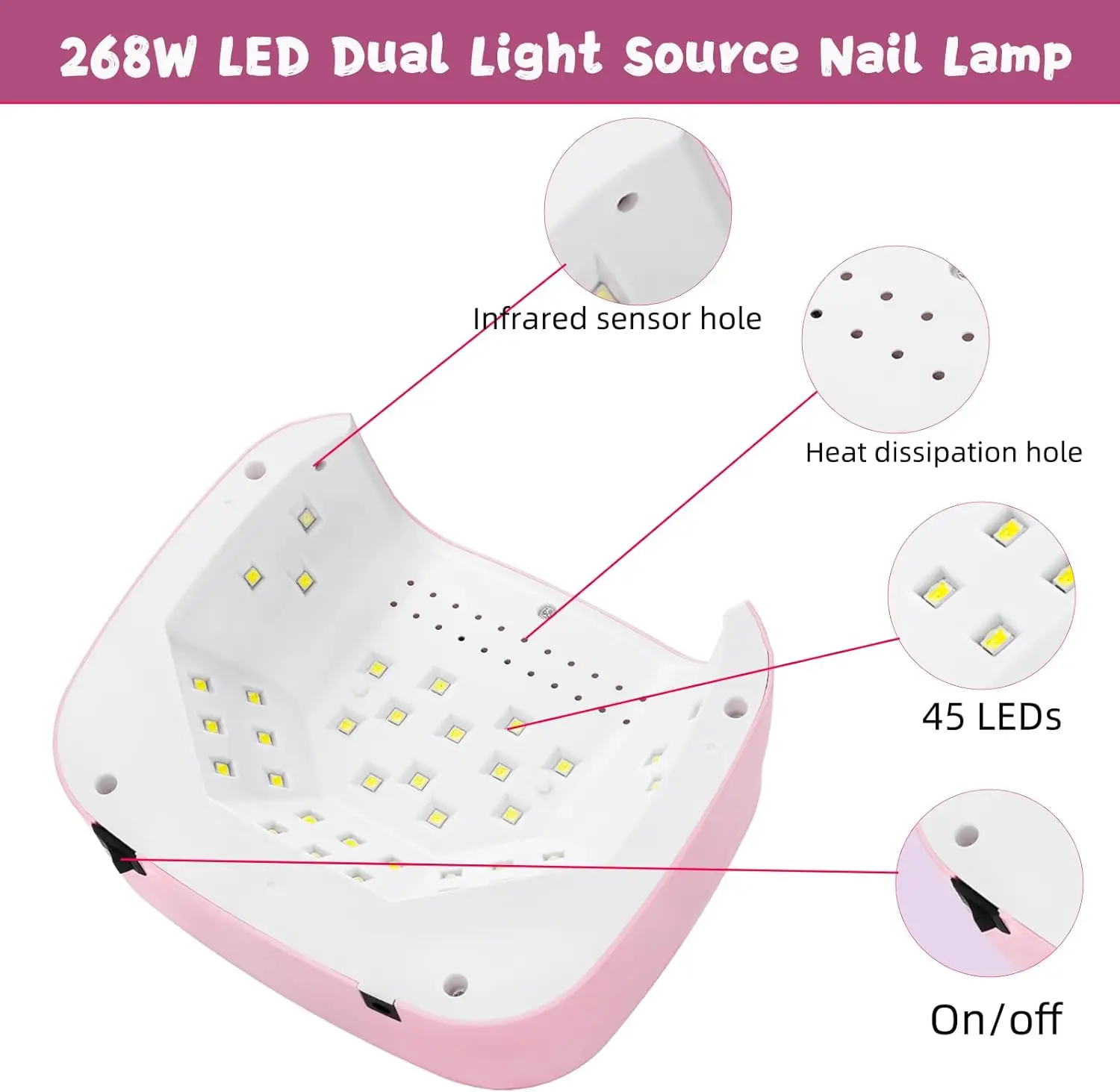 مصباح أظافر بالأشعة فوق البنفسجية مع 45 خرزة، 4 مؤقت، مستشعر تلقائي LED لأظافر الجل