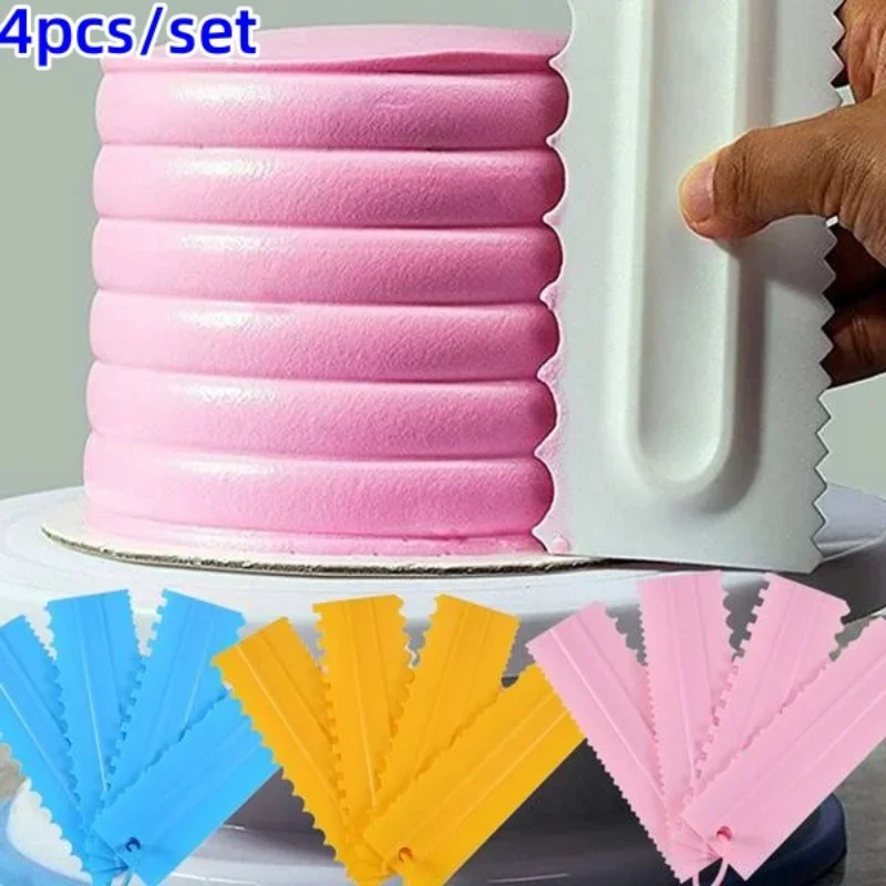 4Pcs/Set Plastic Double Sided Tooth Cake Scraper Pattern Cream Scraper DIY Baking Tools Baking Accessories