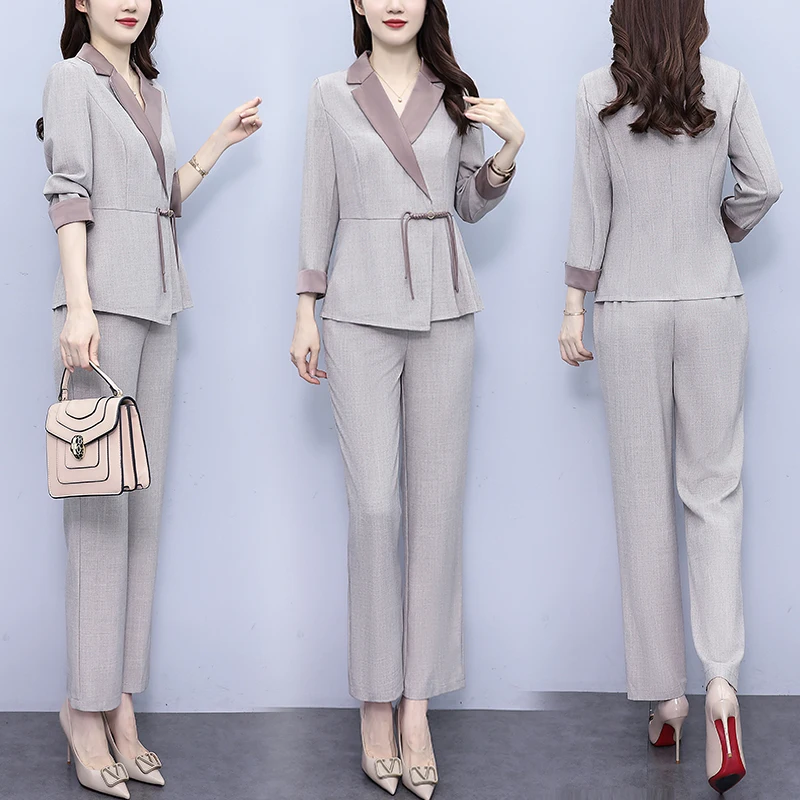 Women Fashion Spring Autumn Pants Sets 2023 New Clothes Elegant Turn Collar Office Lady Female 2 Pieces Outftis High Quality