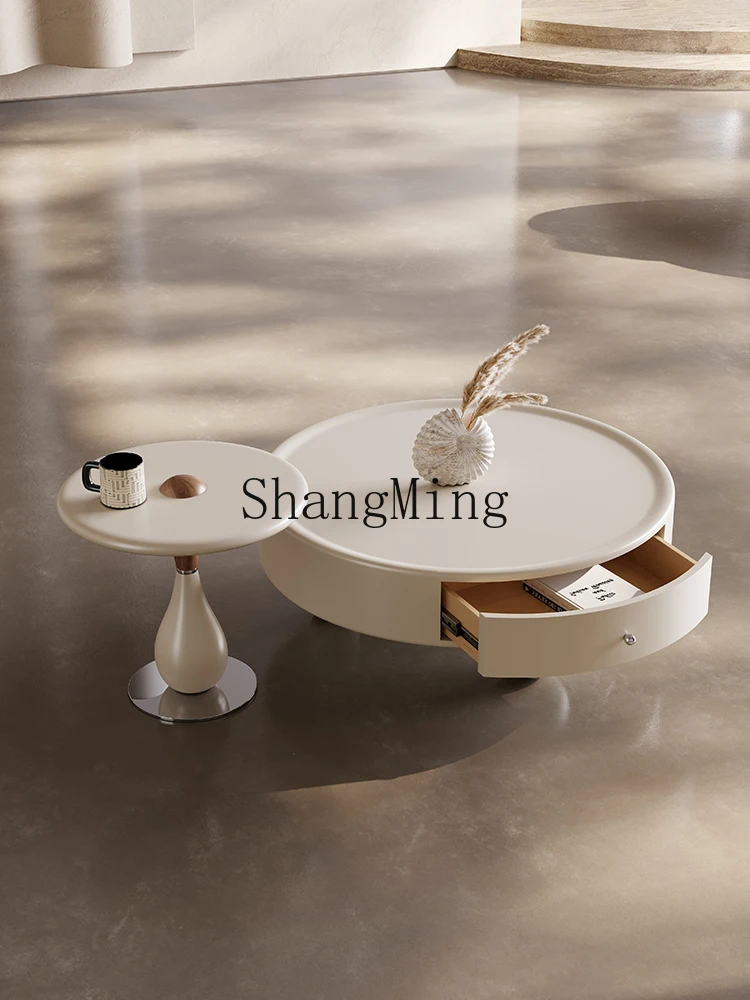 HJ Cream Wind Round Coffee Table Combination Living Room Household Light Luxury Modern Simple Coffee Table