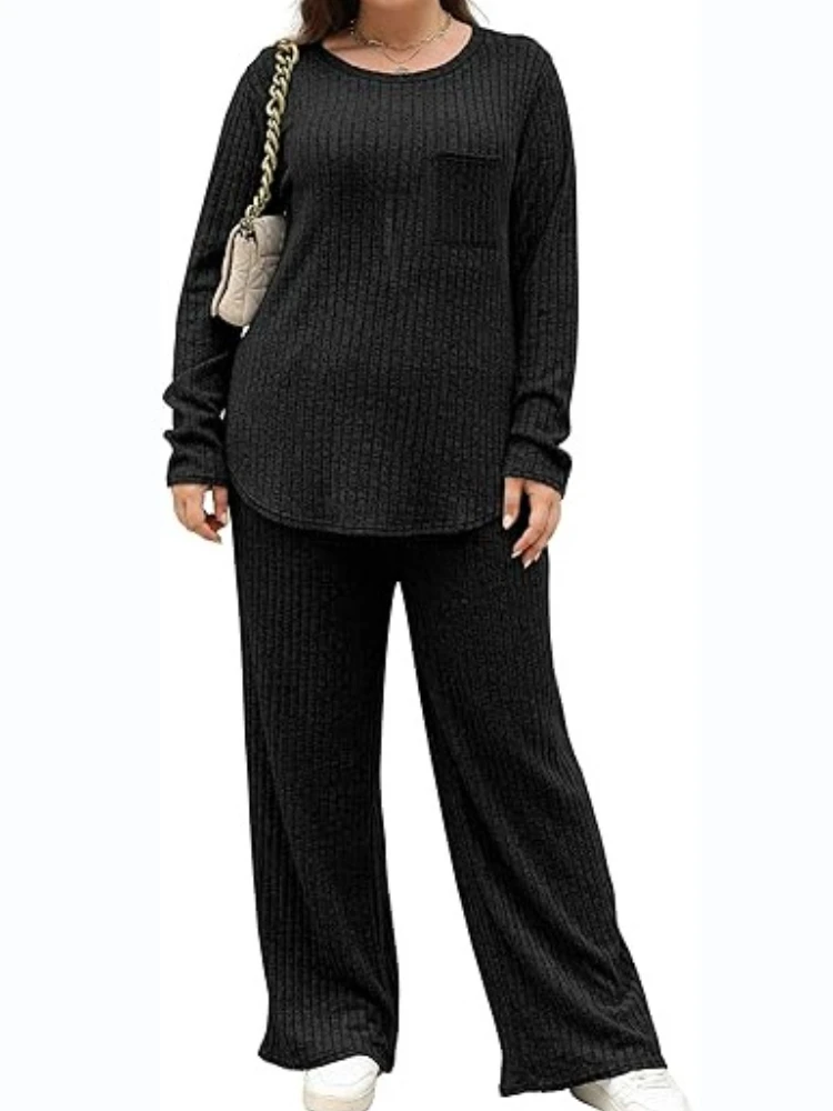 Plus Size Set Women 2 Pieces Female Clothing Long Sleeve Pant Suit Pocket Solid Homesuit Elastic Waist Loose Fitting Elegant Set