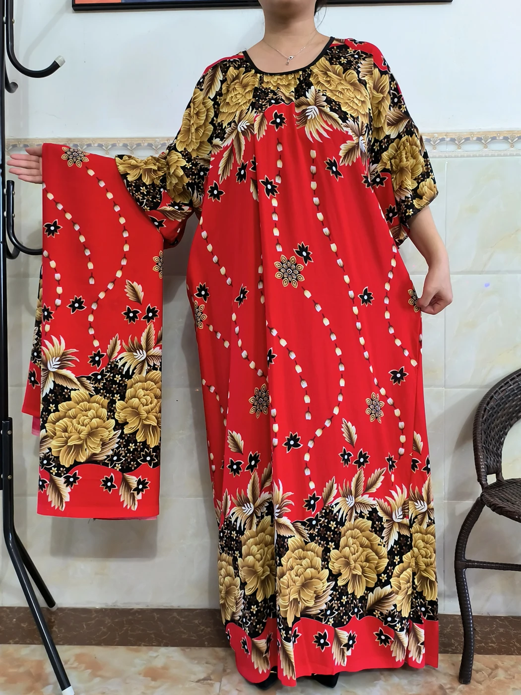 Abayas For Women Dubai 2023 Muslim Ramadan Print Floral Round Neck Loose African Kaftan Marocain Maxi Robe Femme With Big Scarf