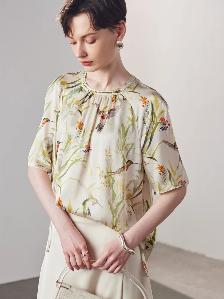 SuyaDream, damskie bluzki w kwiaty, 90% jedwab 10% spandex, okrągły dekolt, letnie koszule w stylu vintage, elegancki top na wiosnę i jesień 2025, żółty