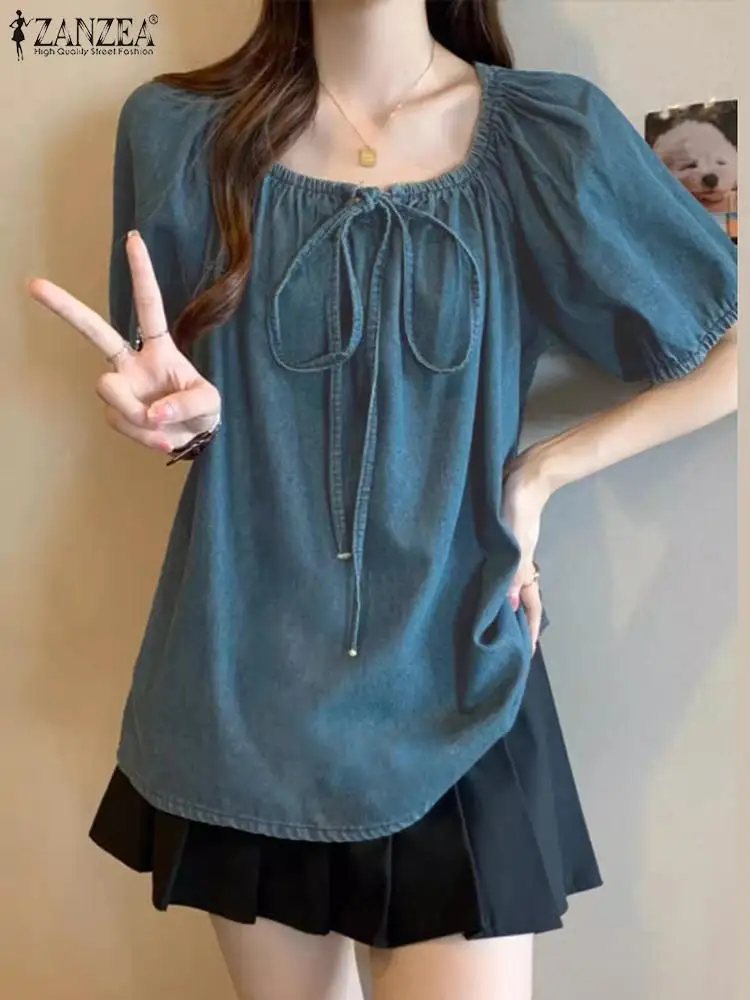 ZANZEA Vintage Denim Blue Blouse Korean Puff Short Sleeve Shirt Women Summer Fashion Ties Neckline Tunic Casual Loose Tops Blusa