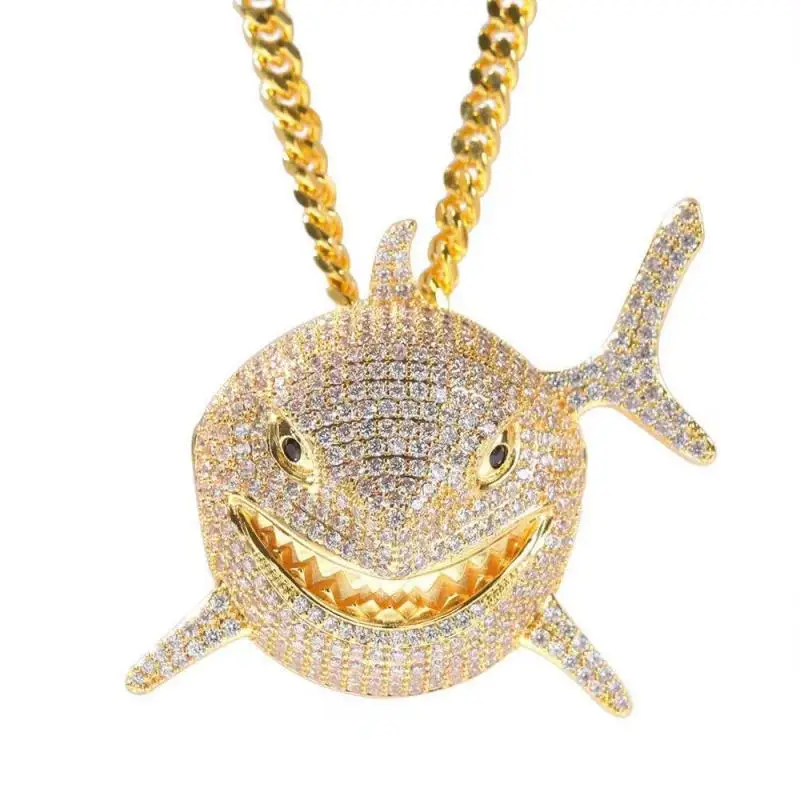 Hip Hop Fierce Shark Inlaid Zircon Pendant Personality Men\\'s Charm Trend Necklace Cool Rap Rock Party Jewelry Birthday Gifts