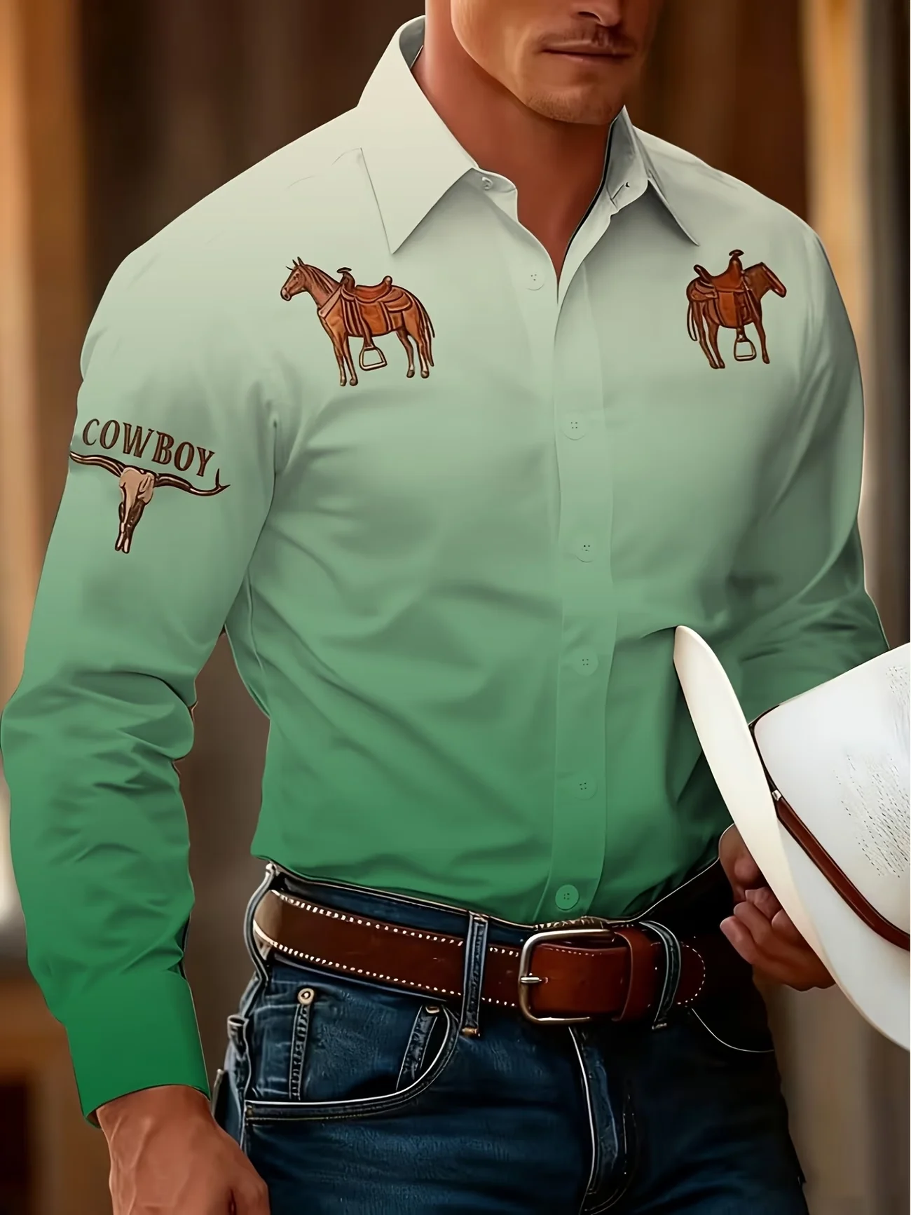 New Purple Orange Gradient Western Denim Printed Men's Long Sleeve Shirt Retro American Style Casual Shirt