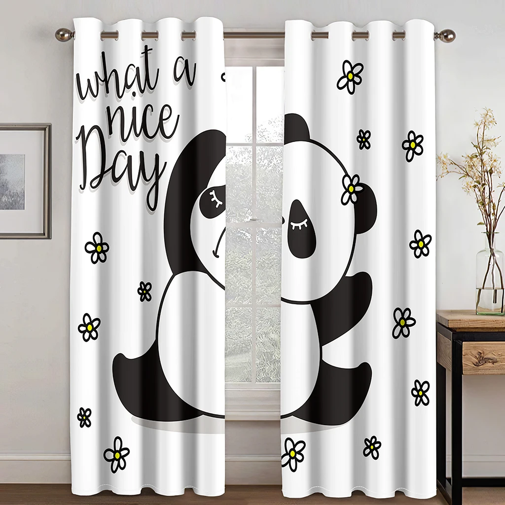 Panda Window Curtains for Living Room, Cartoon Style, Bear Drawings, Foliage Leaves, Chinese 2-Panel Set