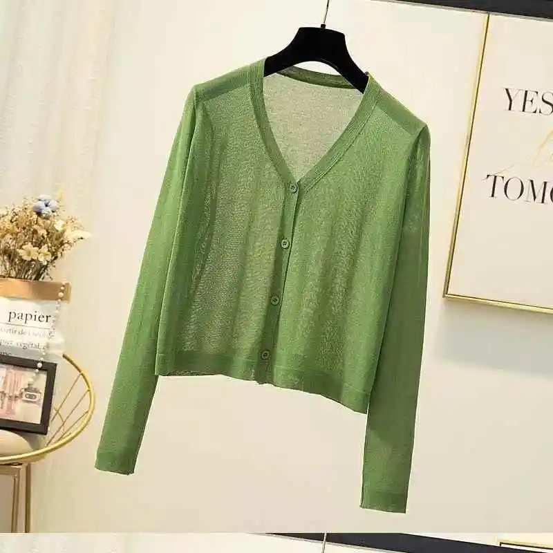 

Elegant Thin Knitted Cardigans Women Spring/Summer New V-Neck Single Breasted Hollow Out Sunscreen Coats Fashion Sheer Knitwear