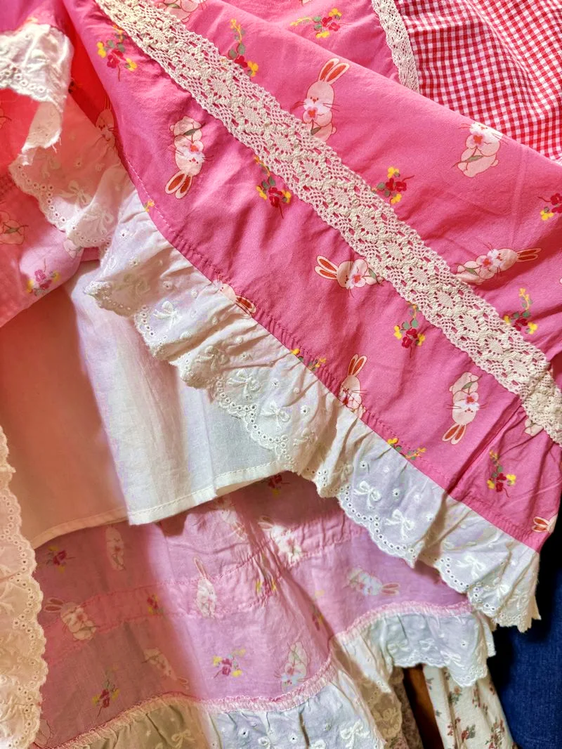 Katoen Zoet Kant Patchwork Plaid Zomer Borduren Lange Jurk voor Vrouwen Vintage Cottagecore Lolita Kawaii Mori Girl Midi Jurk