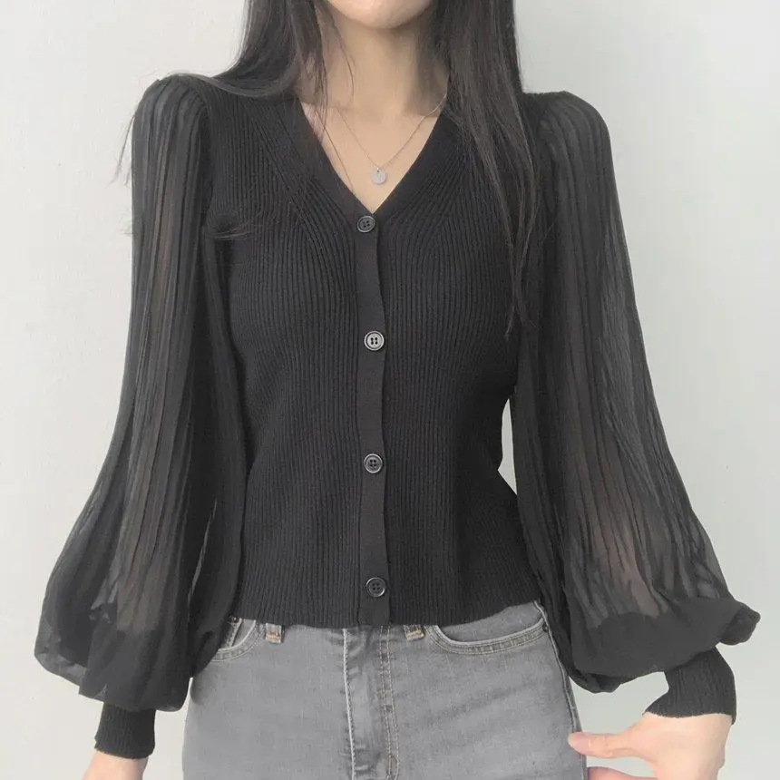 V Neck Solid Button Pleated Patchwork Temperament Tops Spring Autumn Long Sleeve Elegant T Shirts Fashion Korean Women Clothing 21 S13959ad424024db591e90a93a13d651aZ