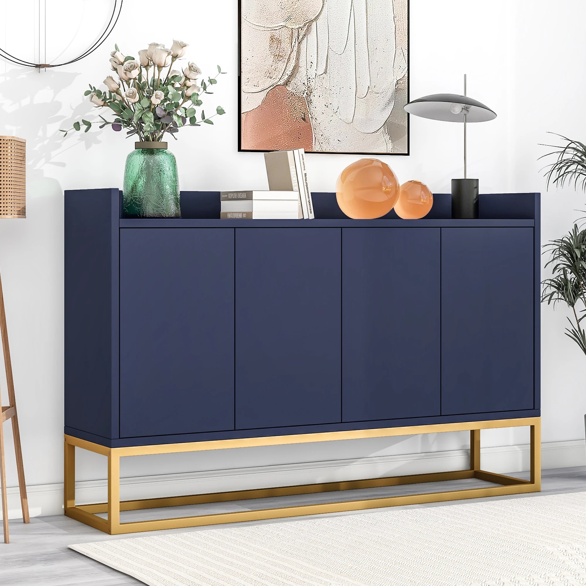 VSOGA Modern Minimalist Style Sideboard 4 Door Buffed Cabinet For Dining Room/living room/kitchen Navy Blue