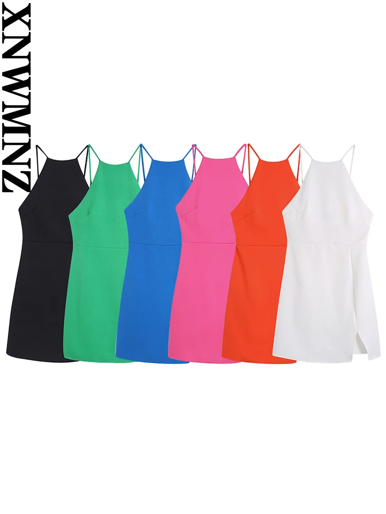 XNWMNZ women\'s summer solid color short dress strap adjust sleeveless 2022 fashion lady elegant dresses woman backless dress