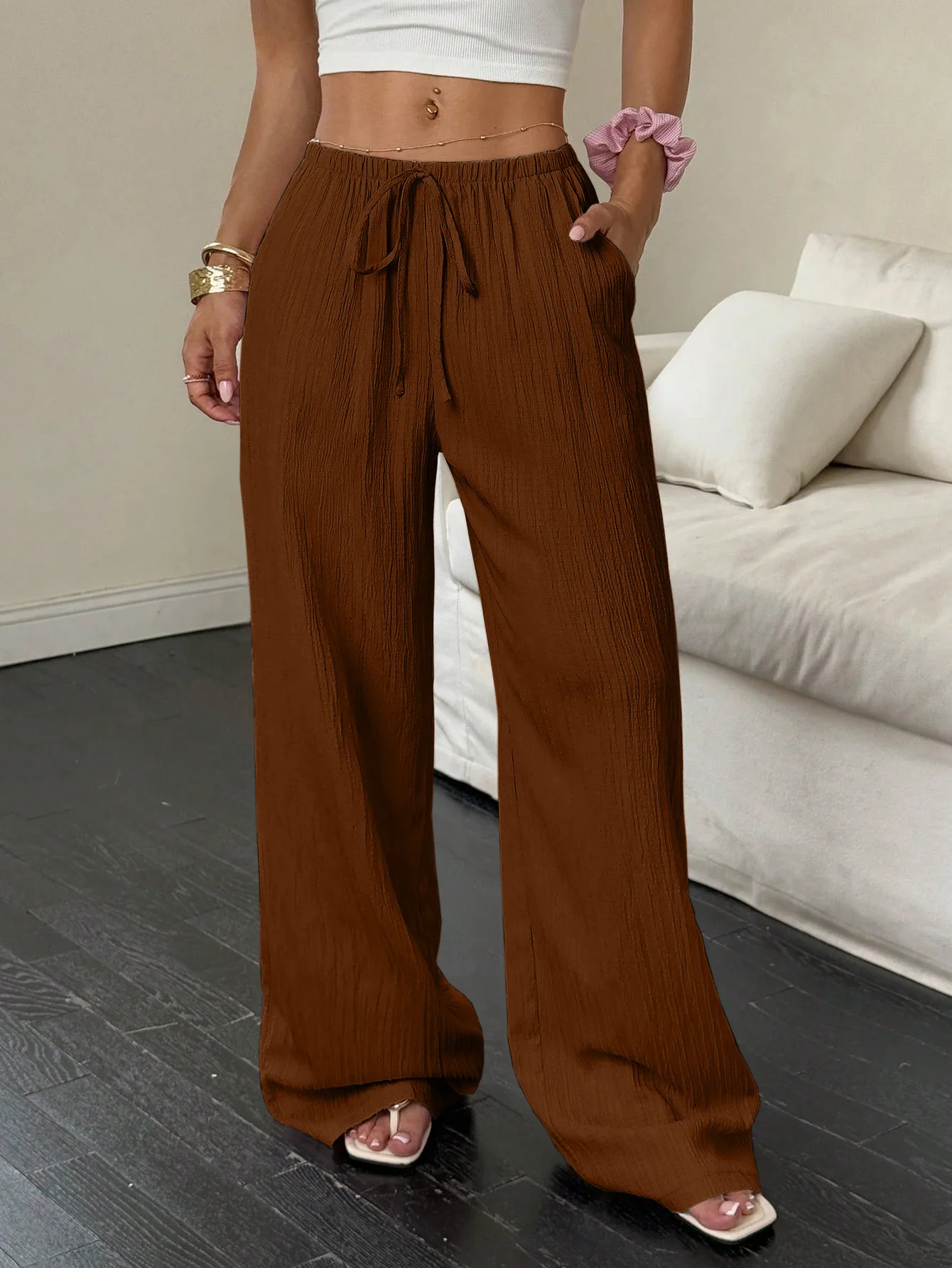 Damen Weite Hose aus Baumwoll-Leinen-Mischung, Casual, Bodenlang, Relaxed-Fit mit Kordelzug für Zuhause & Spaziergänge – Detail 10