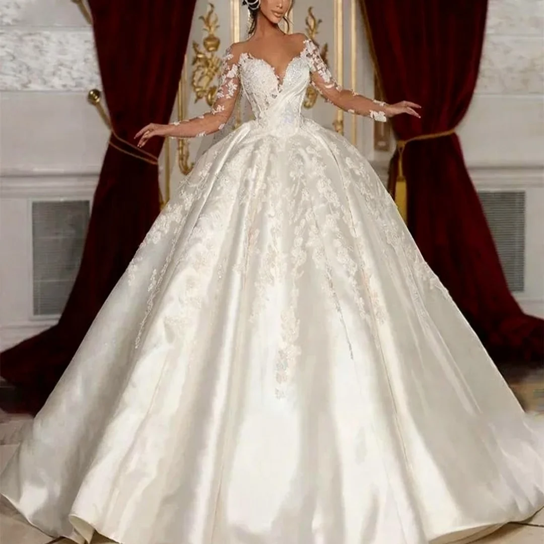 

Свадебное платье с длинными рукавами по индивидуальному заказу, кружевное бальное платье принцессы с аппликацией, атласное платье с круглым вырезом, вечерние платья для выпускного вечера невесты