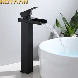 Waterfall Brass Basin Faucet Deck Mounted Single Lever Single Hole Cold&Hot Bathroom Basin Mixer Black Plated Tap YT-5022-H