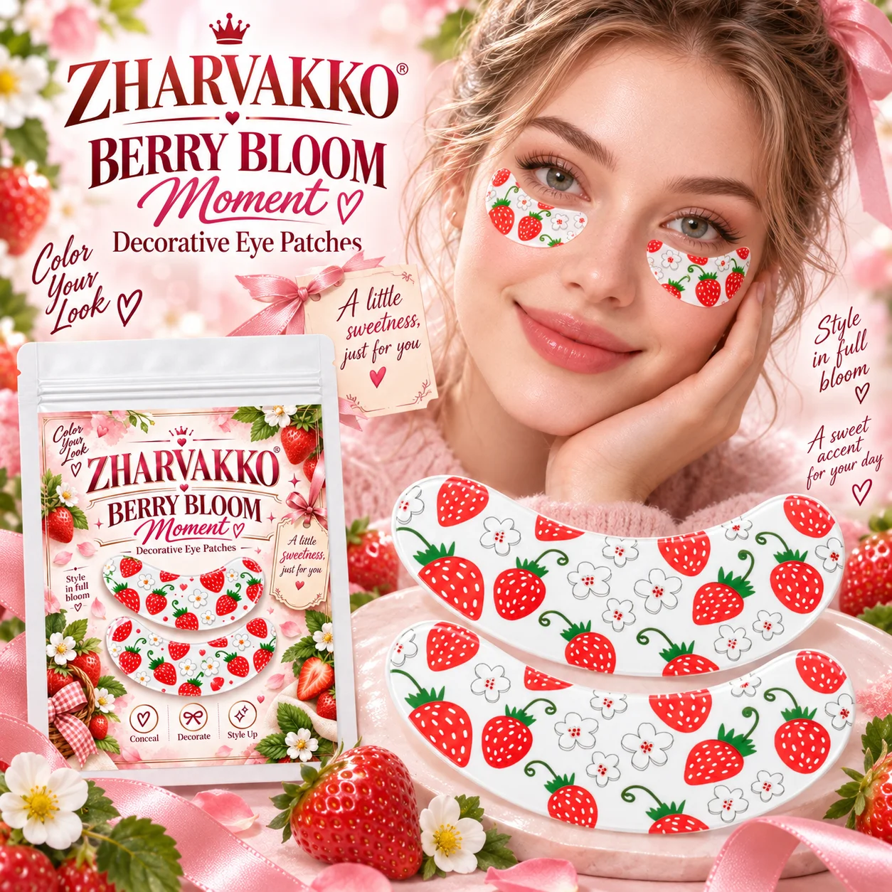 4/8pcs Strawberry Blossom Decorative Eye Patches, Glossy-Look Fruit & Floral Print, Sweet Picnic Looks, Cottagecore Makeup