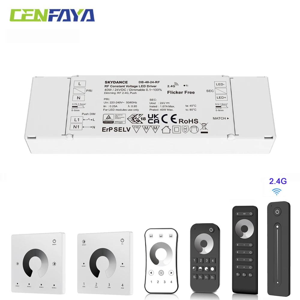 CENFAYA 40W RF Dimmable LED Driver DC12V 24V With Push Switch Dimming Power Supply Transformer RF 2.4G Touch Remote Controller