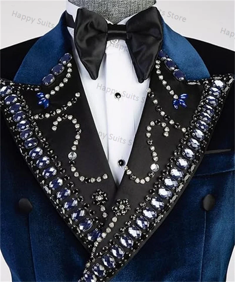 Traje de novio azul con cristales de terciopelo para hombre, chaqueta de 2 piezas + Pantalones de algodón, chaqueta Formal de oficina, abrigo, esmoquin de boda, vestido de graduación hecho a medida