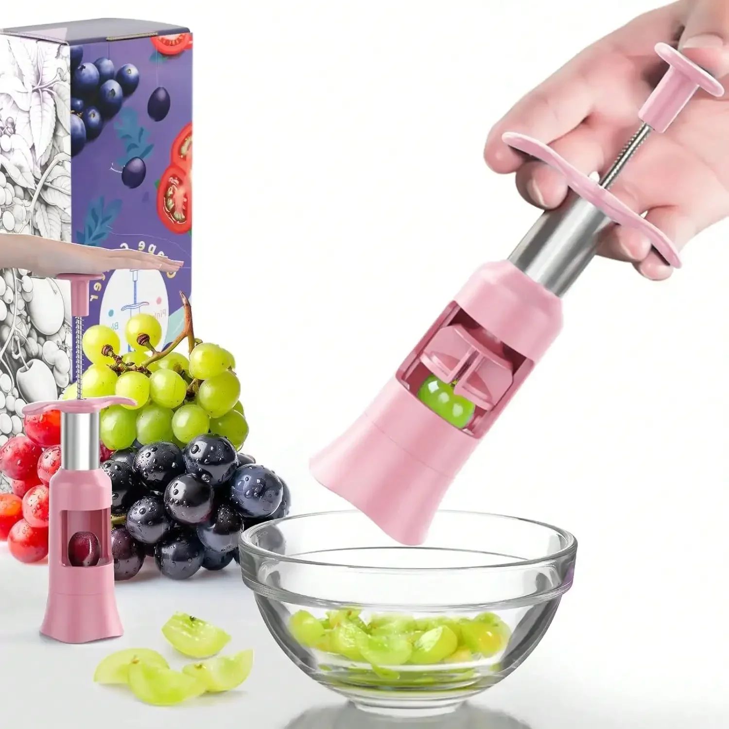 

Newness Grape Cutter - Stainless Steel Kitchen Gadgets With 2 Straw Brushes & 2 Types Of Slicing - Cherry, Grape, Tomato - Fruit