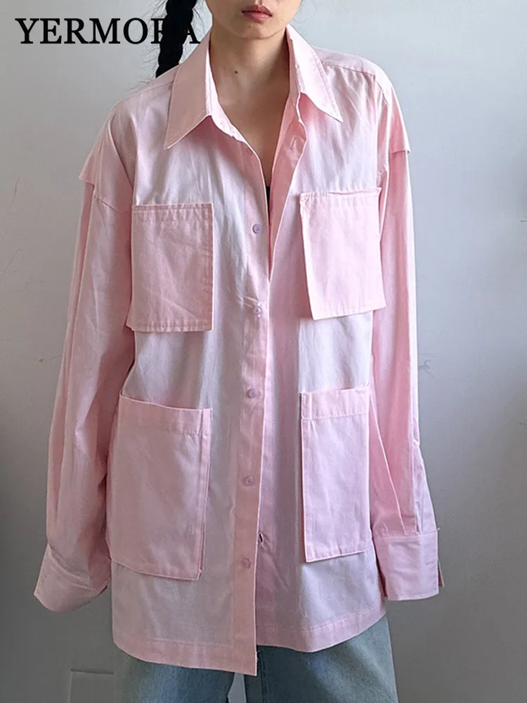 

YERMORA Pink Color Pockets Button Casual Blouse For Women Lapel Long Sleeve Loose New Shirt Fashion Tide Spring Autumn 2025