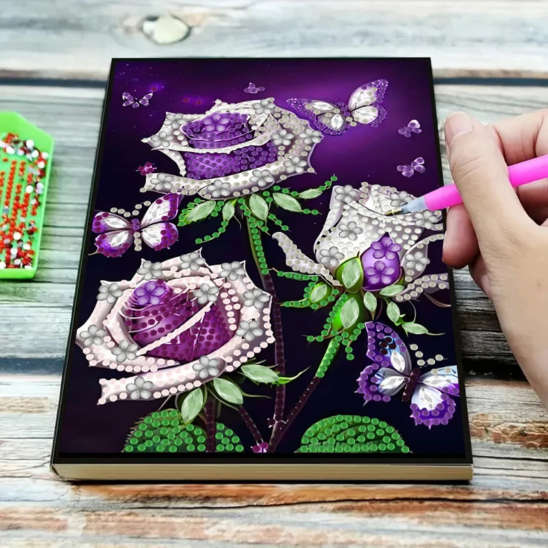 

1 set, diamond painting DIY handmade crafts butterfly flower rose pattern artificial leather material diamond painting notebook,