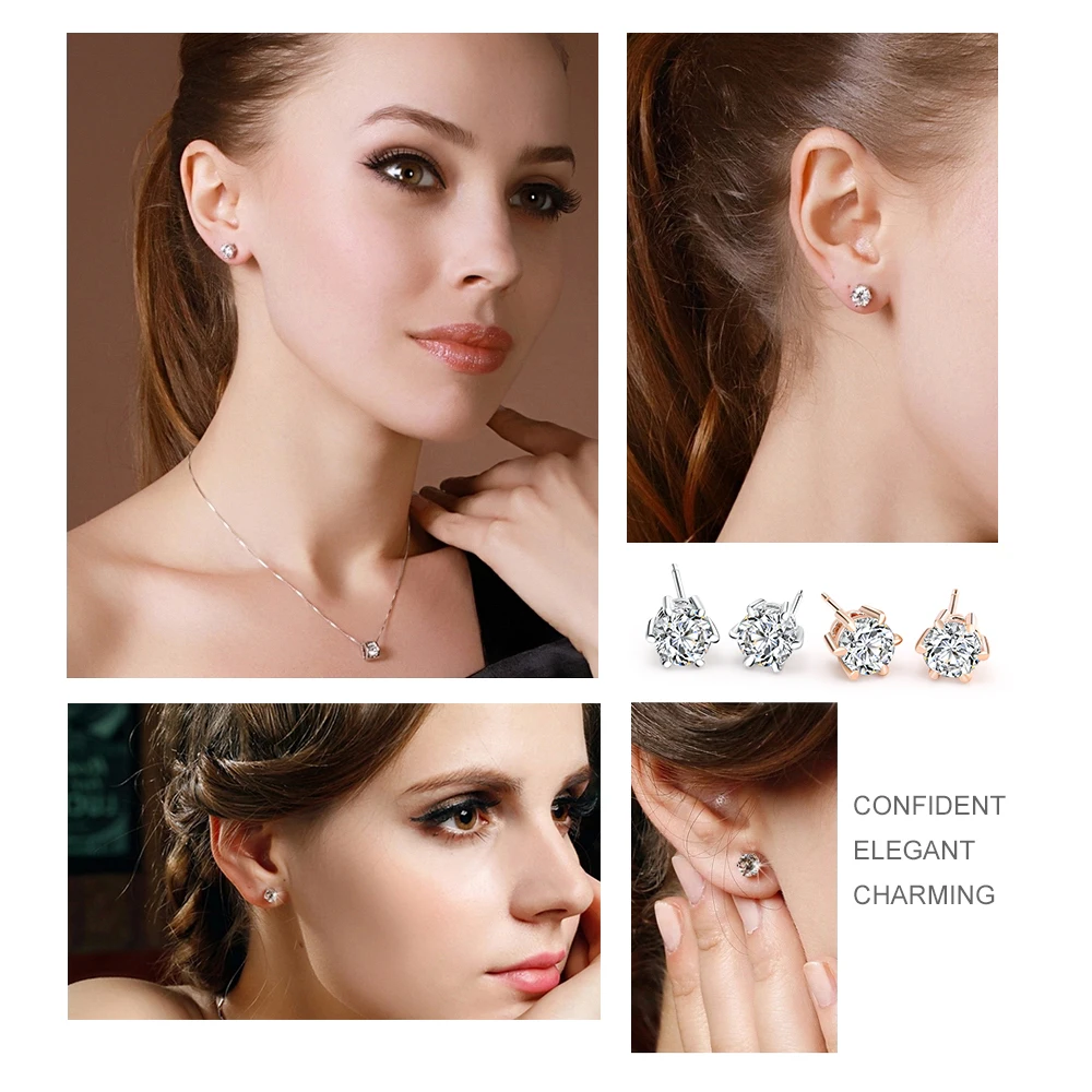 Daily Stud Earring For Women 27 Style Classic Cubic Zirconia Wedding Rose Gold Color Silver Plated Fashion Jewelry E035