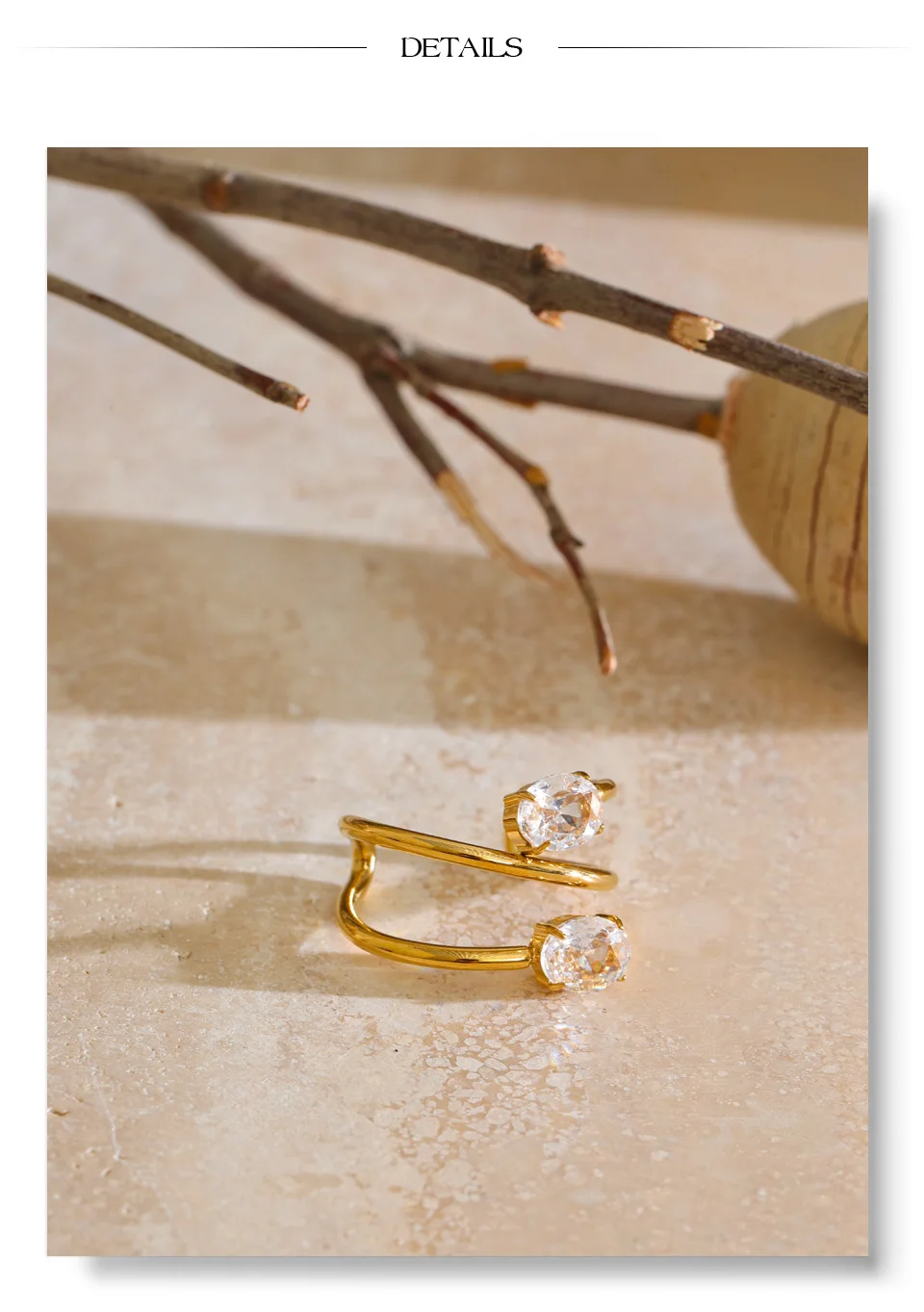 Yhpup Edelstahl-Ring mit Zirkonia, verstellbar, offen, 18K PVD-beschichtet, zarter, stilvoller geometrischer Fingerschmuck – Detail 6