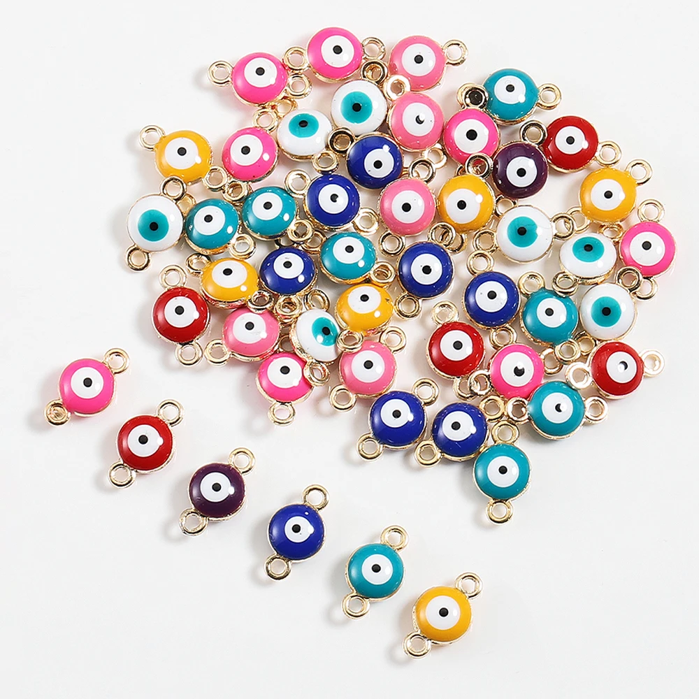 100pcs Colorful Evil Eyes Charm Pendants Two Holes Connectors  for Bracelet Necklace Jewelry Making DIY Mixed Beads DIY