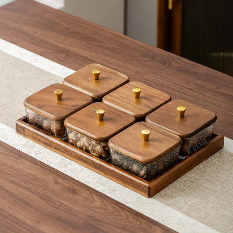 Walnut wood and glass fruit plate, dried fruit plate, snack and dessert storage box, new Chinese style