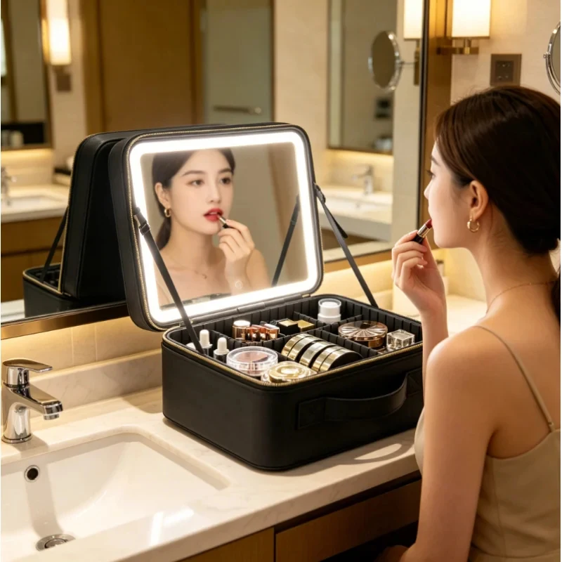 LED Lighted Makeup Bag with Mirror Large Capacity Travel Cosmetic Case Women Beauty Storage Organizer
