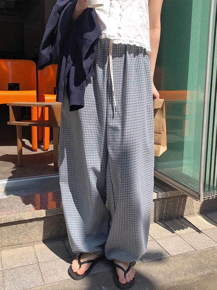 

ZHISILAO новые клетчатые брюки-карго женские свободные эластичные талии мягкие широкие прямые брюки лето 2025