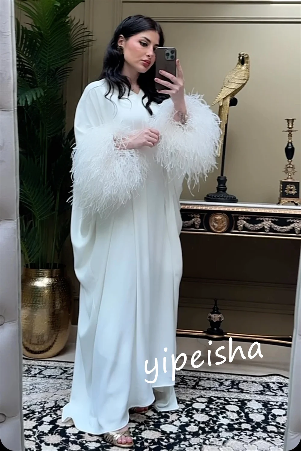 Jiayigong     Satin Feather Formal A-line V-neck Bespoke Occasion Gown Long Es Saudi Arabia