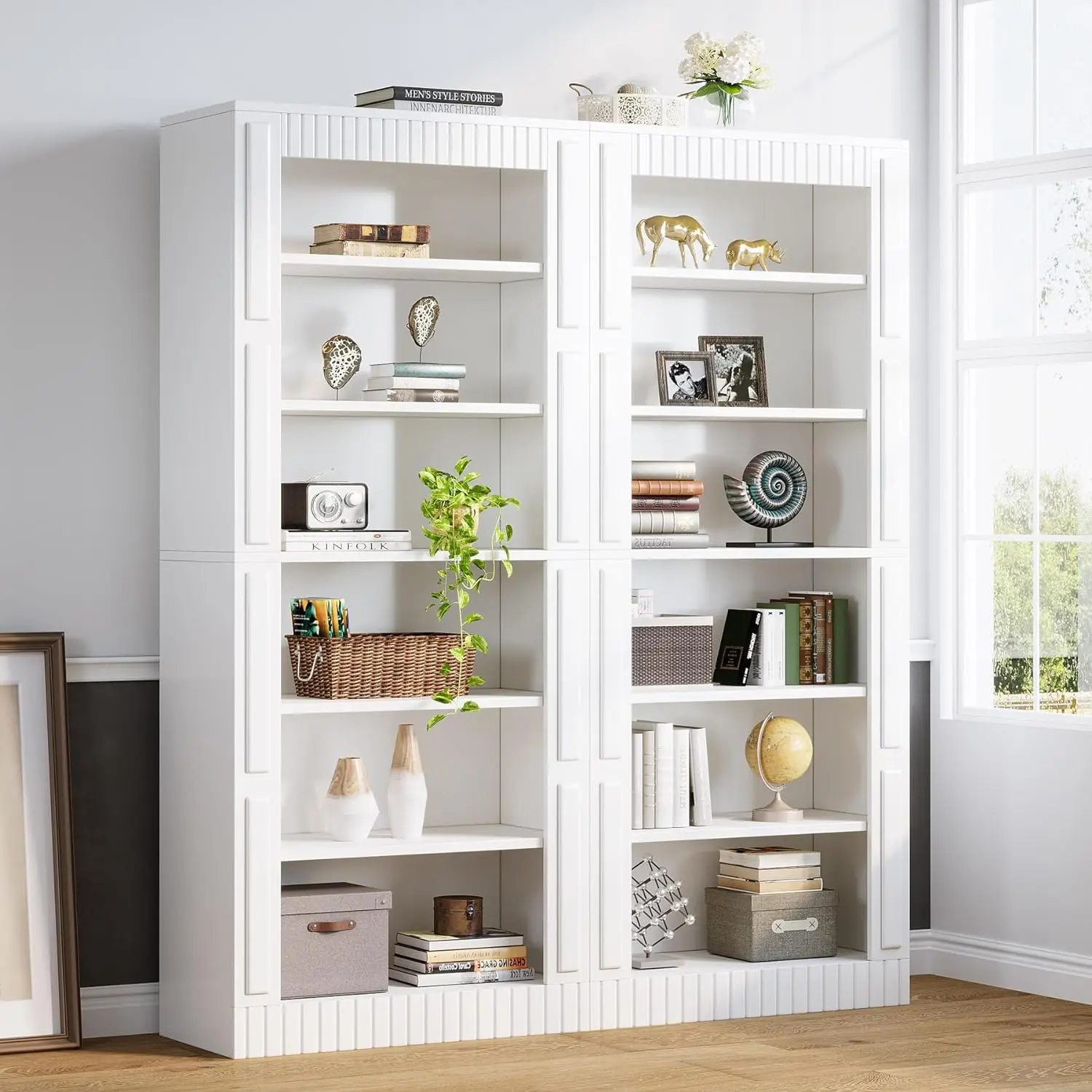 

White Bookshelf, 6-Shelf Tall Bookcase, Modern Wood Display Storage Shelves for Home Office, Living Room, Bedroom