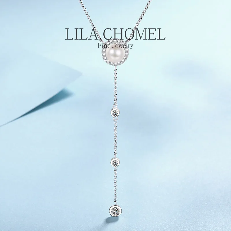 

Platinum PT950 Pendant Girls Party Gift with total 0.67ct vvs Moissanite 8mm Pearl Necklace for Women Sparkling luxury designer