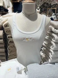 Little Duck Flower White Tank Tops Summer U Neck Cotton Sleeveless Slim Corpped Vests Women Streetwear Casual Sweet Crop Top Y2k