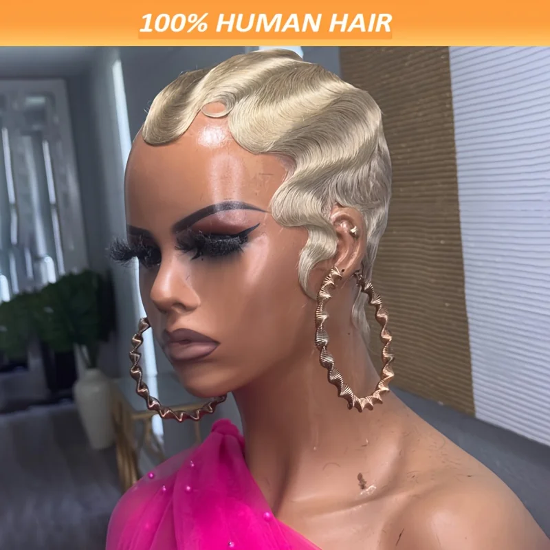 

613 Блондинка Короткий Парик Стрижки Пикси 100% Человеческие Волосы Вьющиеся Волнистые С Челкой Короткие Кудрявые Вьющиеся Человеческие Волосы Полный Машинный Парик