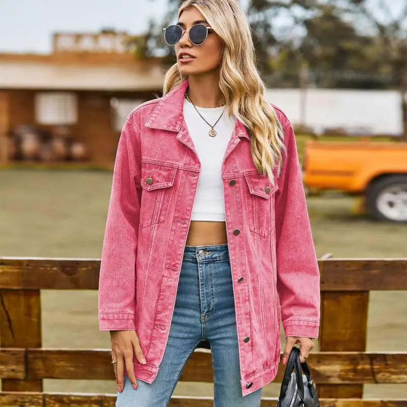 

Y2K Pink Jacket for Women Long Sleeve Denim Jacket Fashion Outerwear Korean Autumn Streetwear Hooded Coat Female Clothing Veste