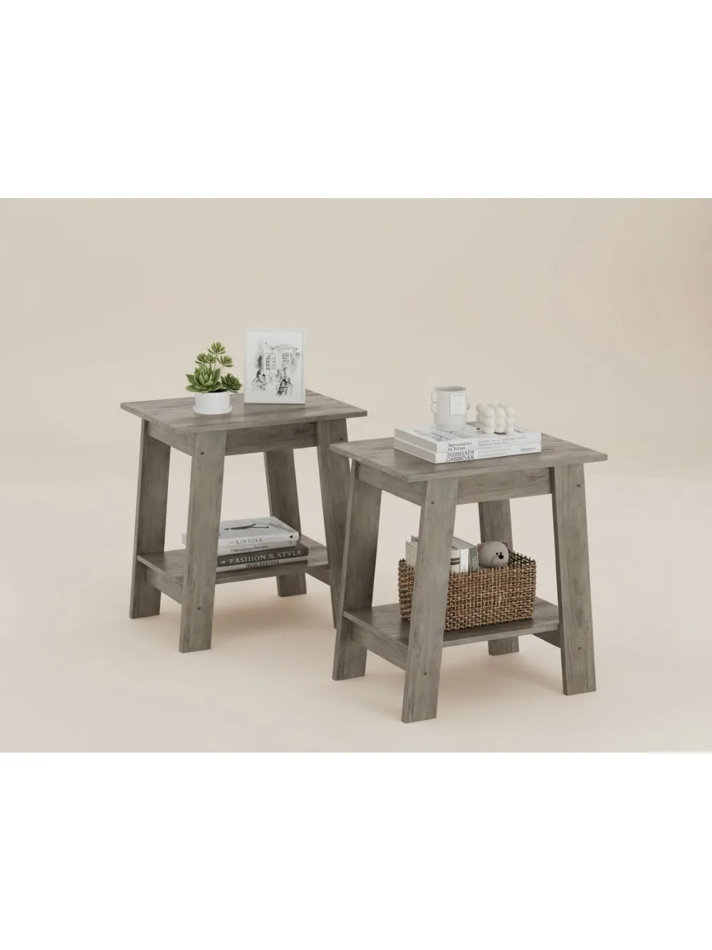

2-Tier Small Side Table Set, Narrow End Table with Storage for Living Room, Bedroom, Farmhouse Decor in Wash Grey