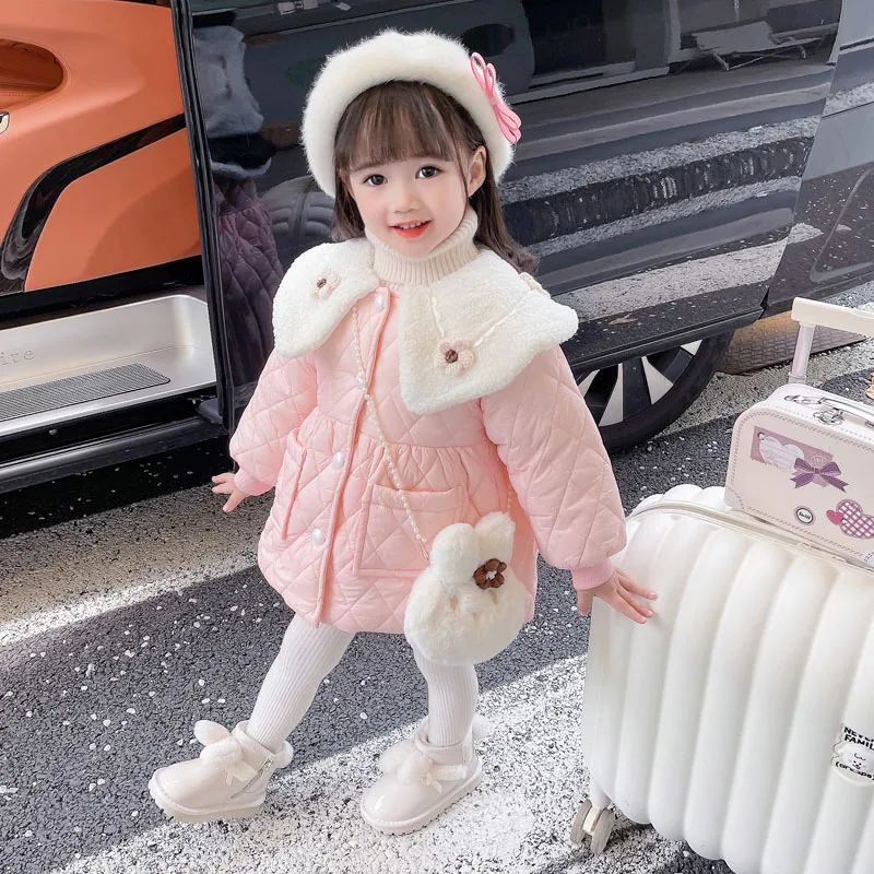 2023 Autumn Winter Baby Girls Coats Children Clothing Princess Floral Cotton-padded Jacket Outdoor Warm Plush Kids Outerwear