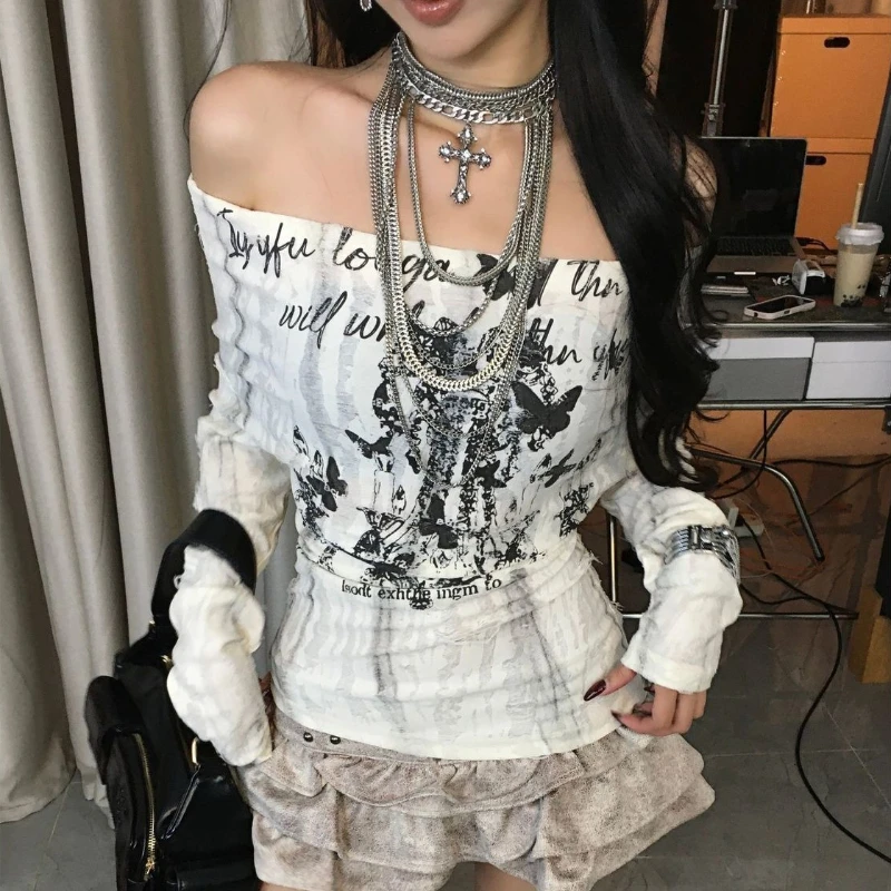 

Deeptown Beige Gothic Graphic Women T-Shirts Y2k Black Vintage Lace Up Off Shoulder Tees Long Sleeve Slim Grunge Aesthetic Gyaru
