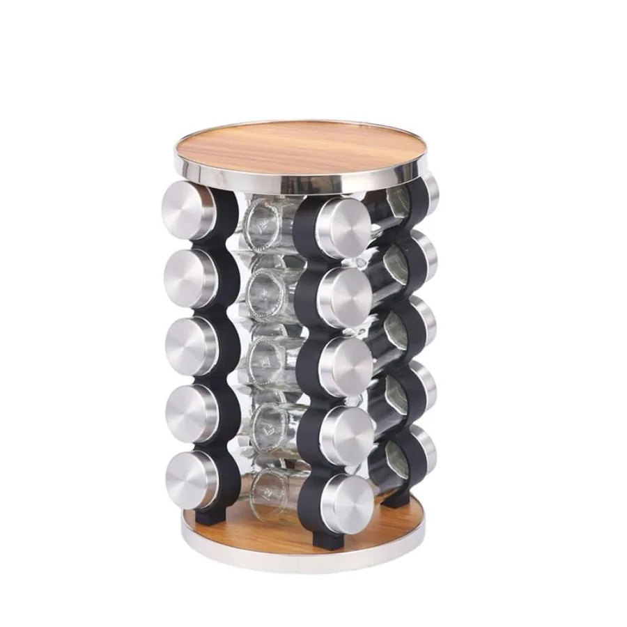 

Органайзер для специй с 20 баночками: стеклянные банки из нержавеющей стали и деревянная вращающаяся подставка, компактное хранение приправ на столешнице с ИИ-управлением