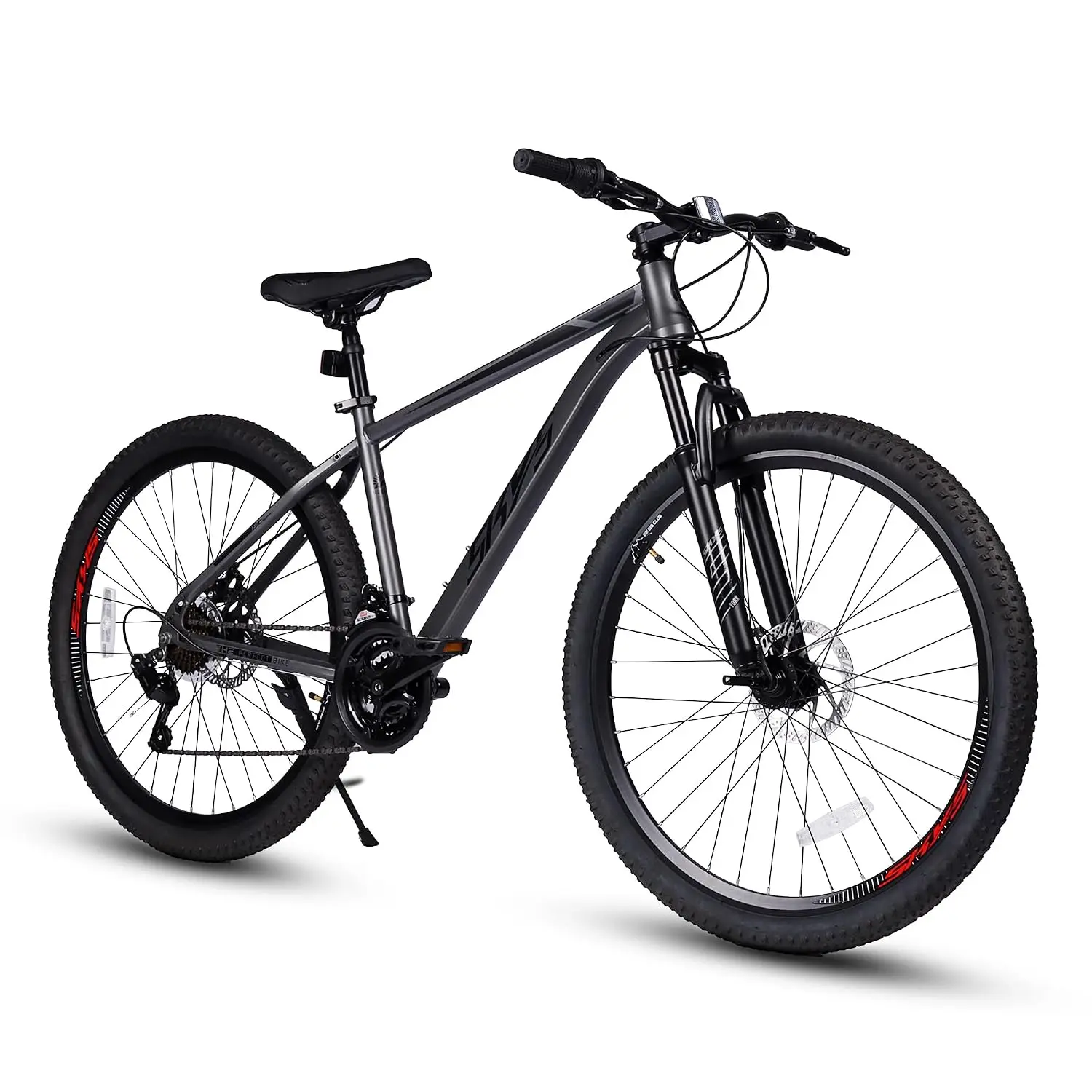 Rear Derailleur, Twist Grip Shifter, Dual Disc Brakes, Lockout Suspension Fork, 2.35