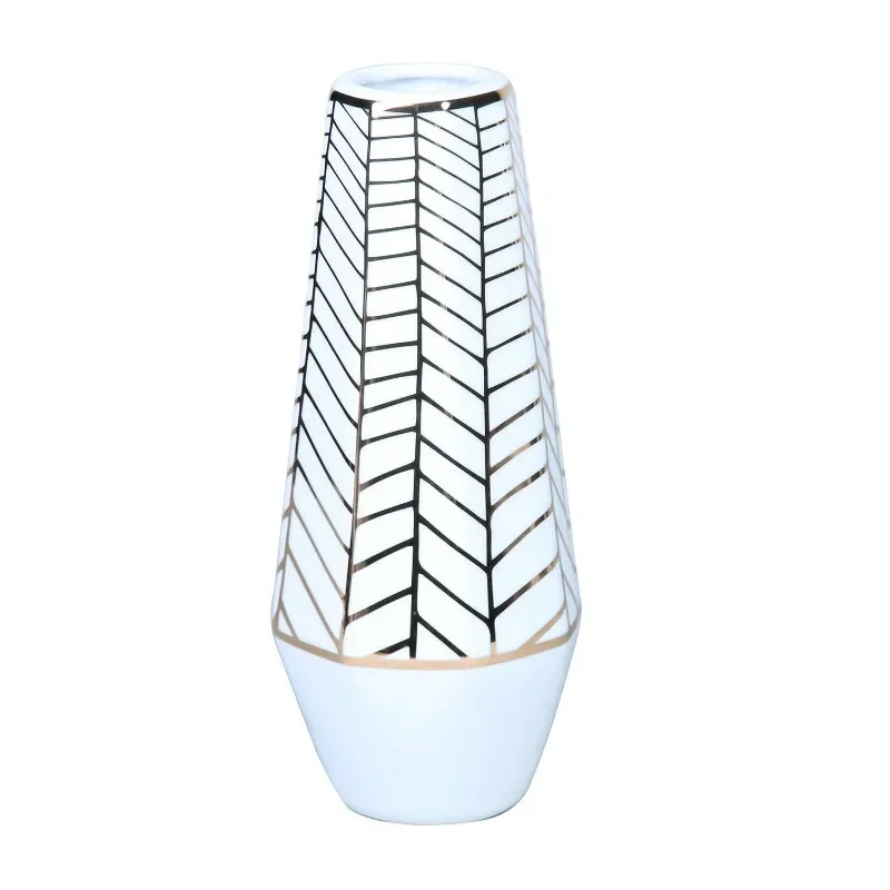 Elegant multi-functional white ceramic vase with golden geometric design for home decoration
