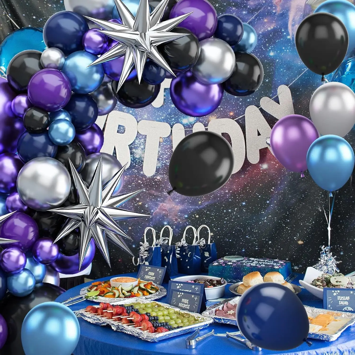 108 قطعة من بالونات الفضاء المعدنية باللون الأزرق والأرجواني والفضي، بالونات رائد فضاء جالاكسي للأطفال الأولاد، ديكور حفلات أعياد الميلاد #4