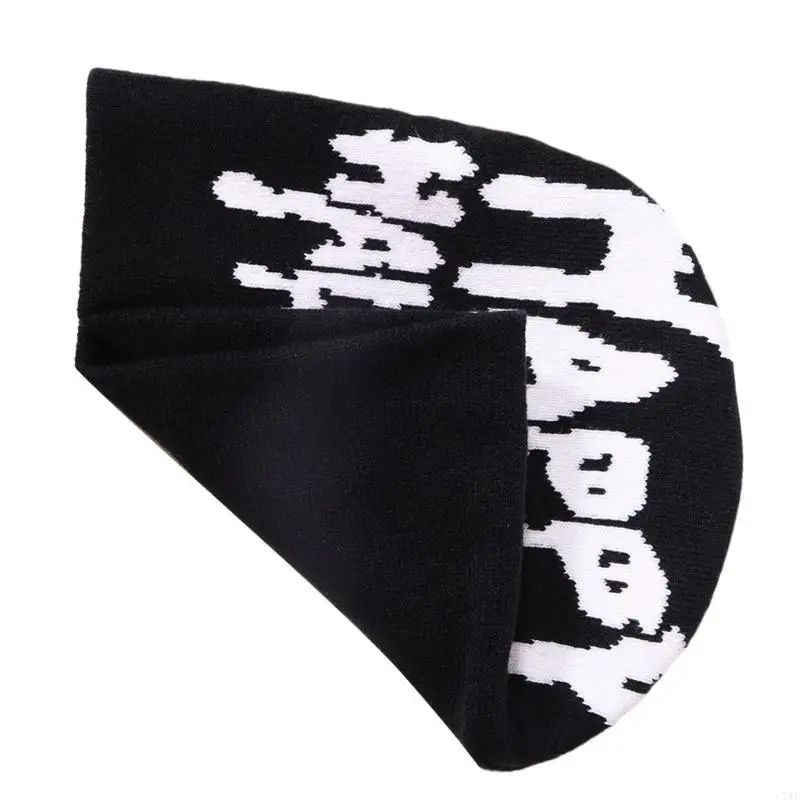 C71F Strickmütze ohne Krempe, 2000er-Jahre-Mädchen-Buchstabe, Totenkopf-Mütze, für Erwachsene, beliebte Hip-Hop-Mütze,