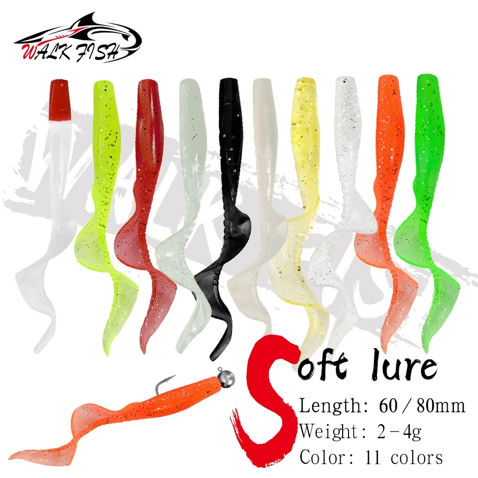 WALK FISH 10Pcs Spinpoler 60MM 80MM Realistyczna przynęta na ryby Robaki Sztuczna silikonowa miękka przynęta Bass Pike Fish Lure Wobbler