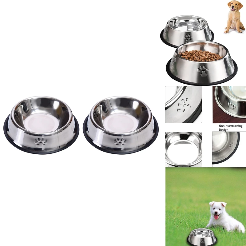 2Pcs Stainless Steel Dog Bowls, Dog Feeding Bowls, Dog Plate Bowls With Rubber Base