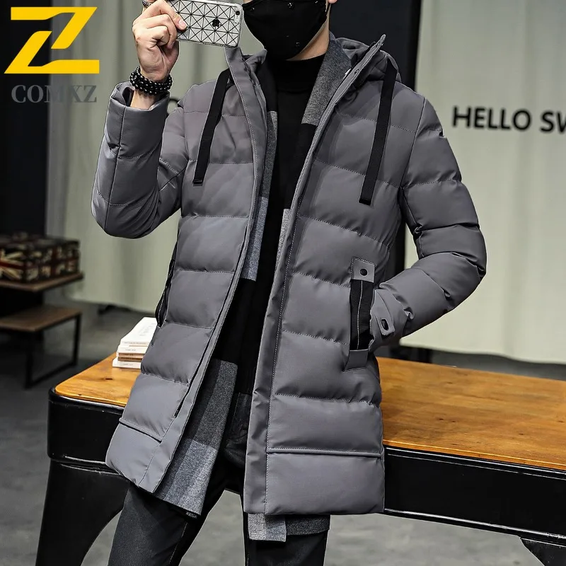 COMXZ Giacca imbottita da uomo di marca di lusso con cappuccio caldo spesso sciolto da viaggio Cappotto Parker da neve Sci Cappotto imbottito di media lunghezza di alta qualità