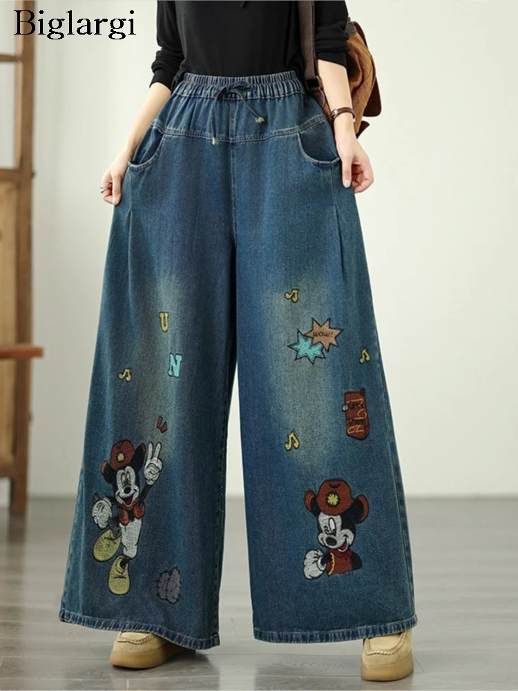 

Джинсы большого размера, эластичные осенние брюки с высокой талией, женские модные женские брюки с мультяшной вышивкой, широкие свободные женские брюки