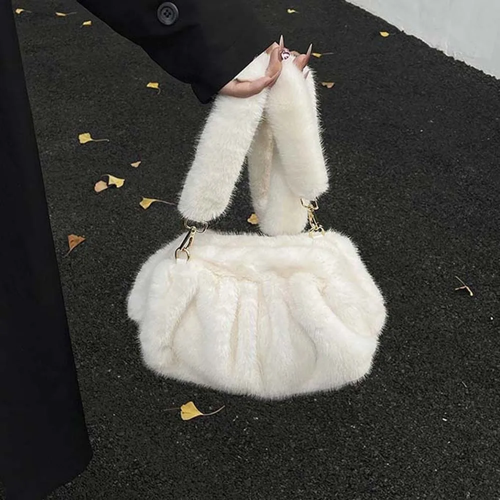 

Large Capacity Furry Pleated Shoulder Bag Lightweight Furry Cloud Crossbody Bag Solid Color Alloy Mink Fur Wrinkle Handbag
